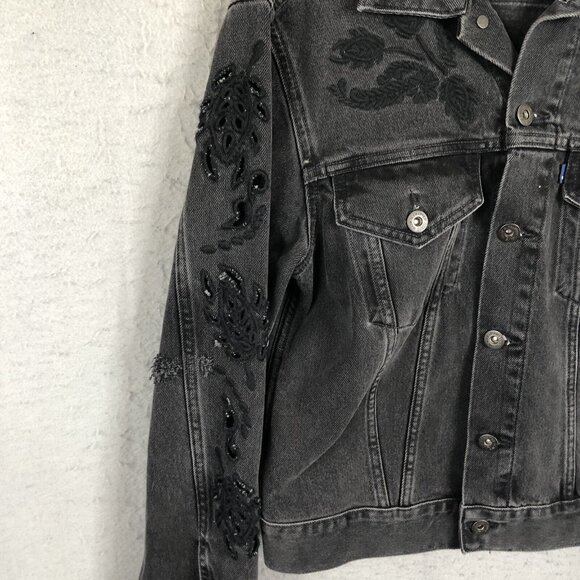 Levis Jean Jacket S Black Faded Made & Crafter Upcycled Boutique Cutouts Biker - Picture 15 of 16